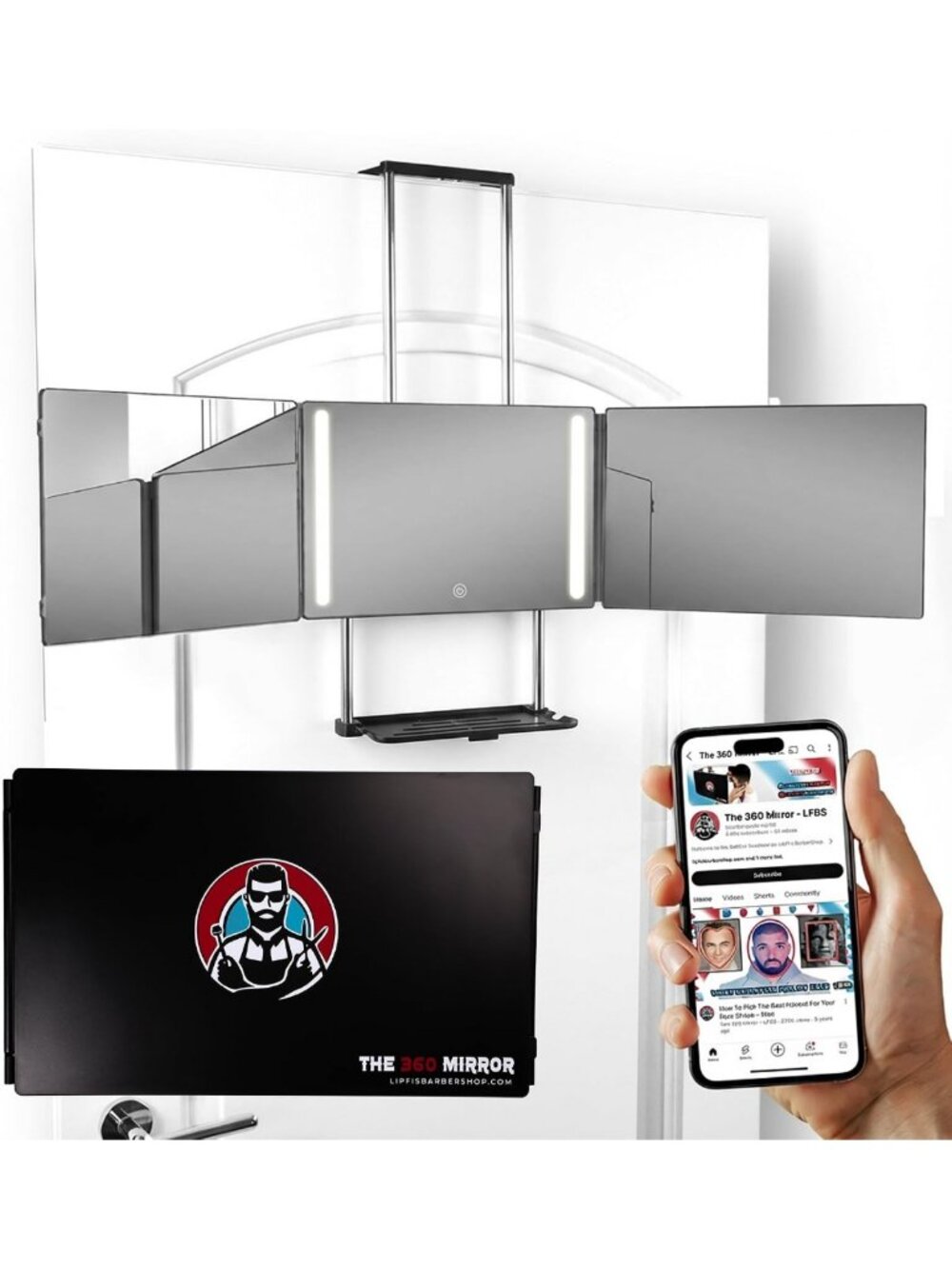 360° Trifold LED Barber Mirror with Tray - Perfect for Self Haircuts & Styling